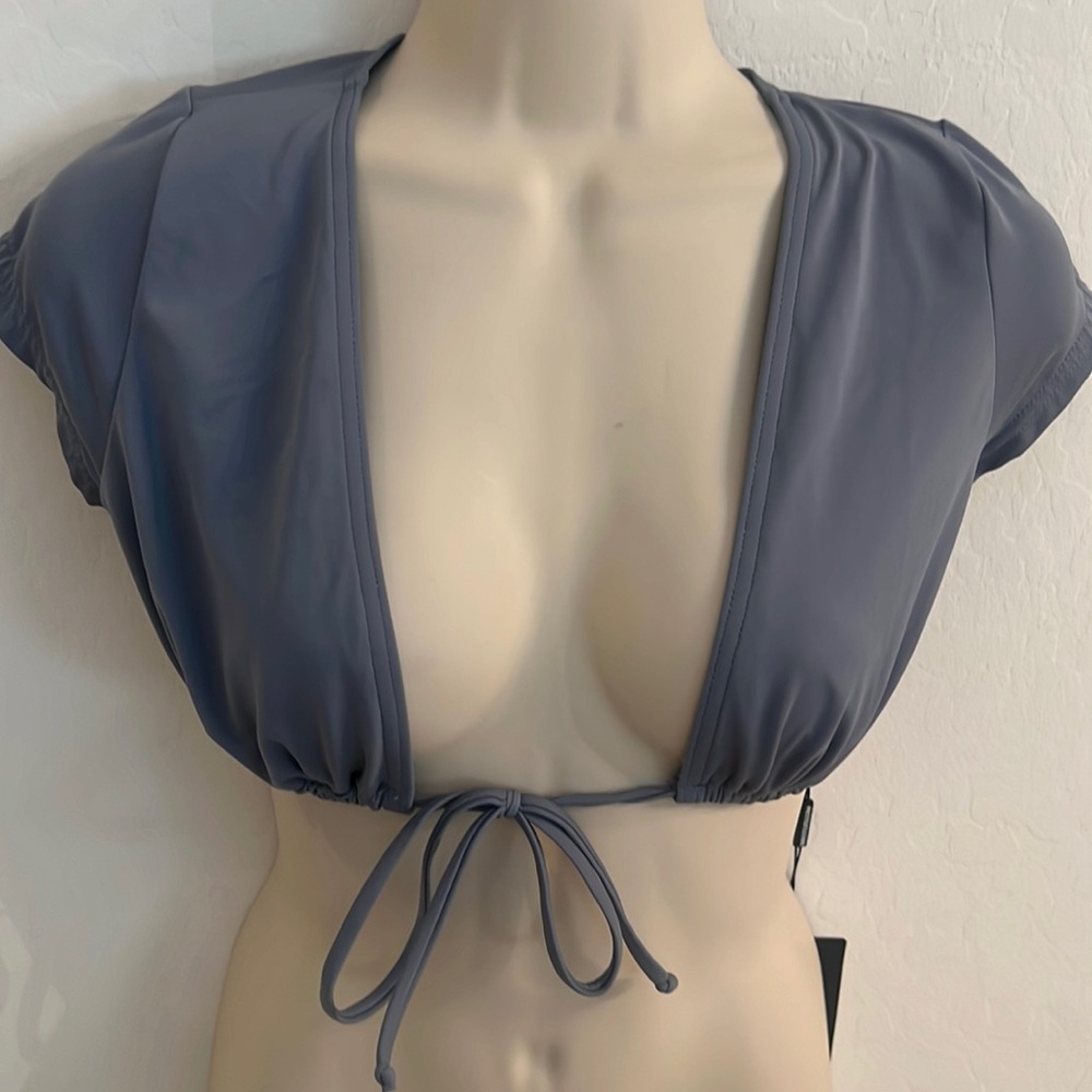 PLT Charcoal Short Sleeve Tie Front Swim Top